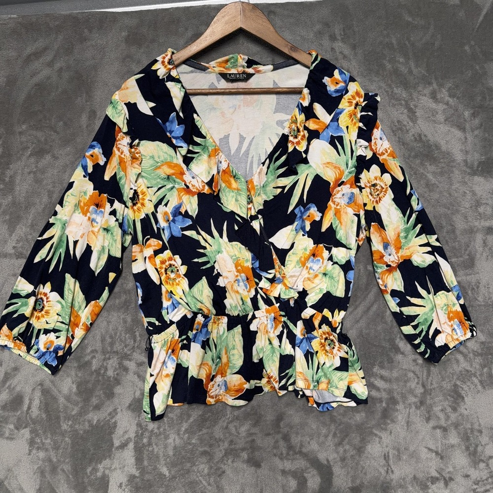Lauren Ralph Lauren Blouse Womens 2XL Floral Ruffle‎ V Neck Peplum Jersey